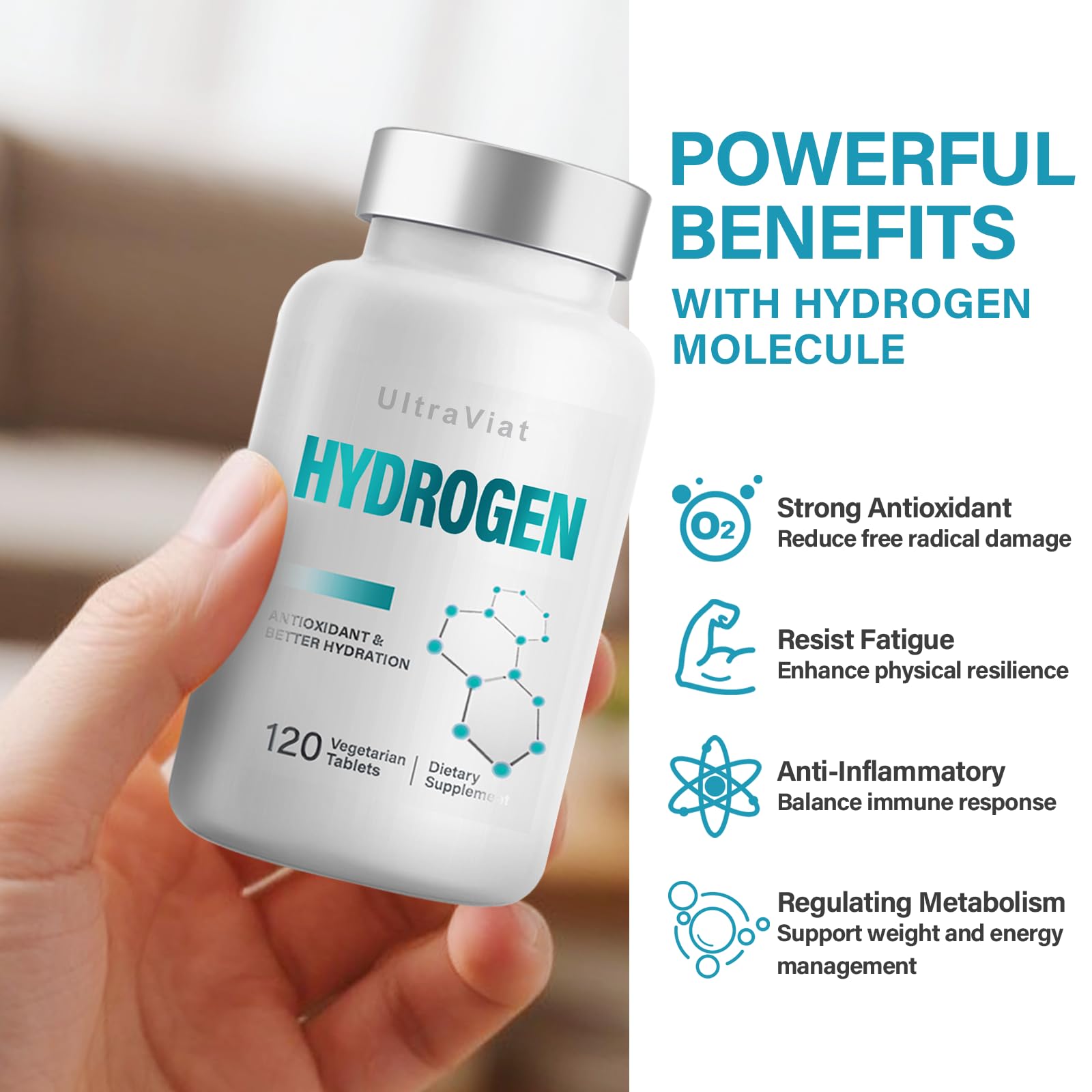 UltraViat hydrogen tablets easy dissolution in a glass of water for quick hydrogen infusion.