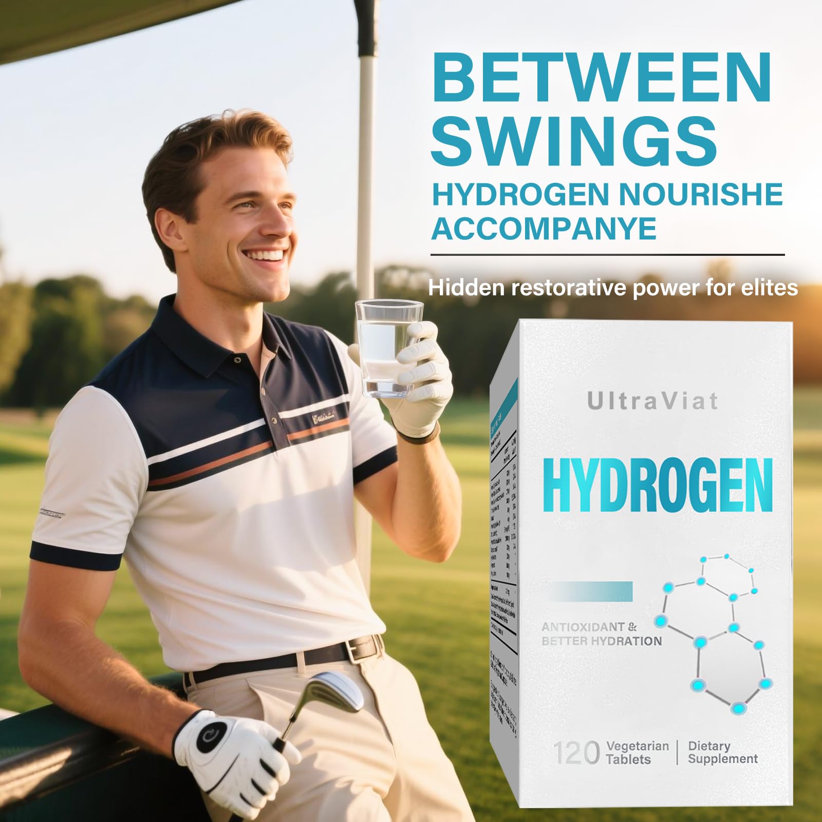 UltraViat hydrogen tablets beside bottle label for convenient daily hydration.