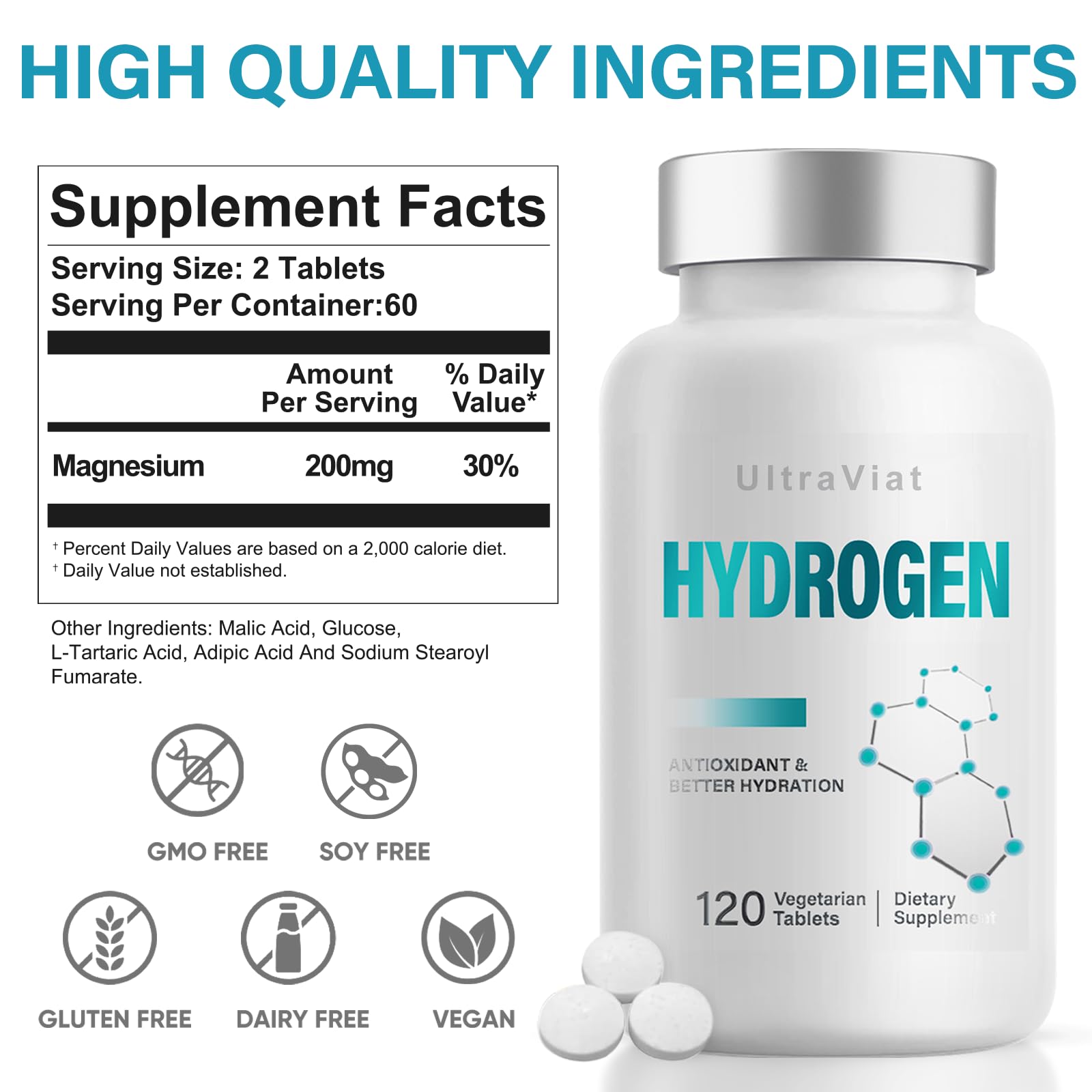 UltraViat hydrogen tablets label close-up highlights non-GMO and gluten-free ingredients for purity.