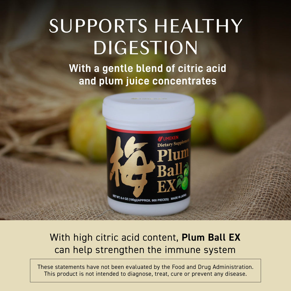 Umeken Plum Ball EX bottle and label highlight ingredients.