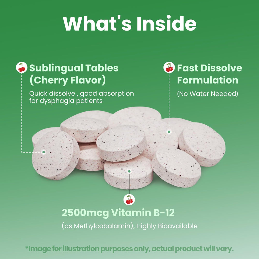 UMEWISH B12 cherry sublingual bottle indicating 120-day vegan supply