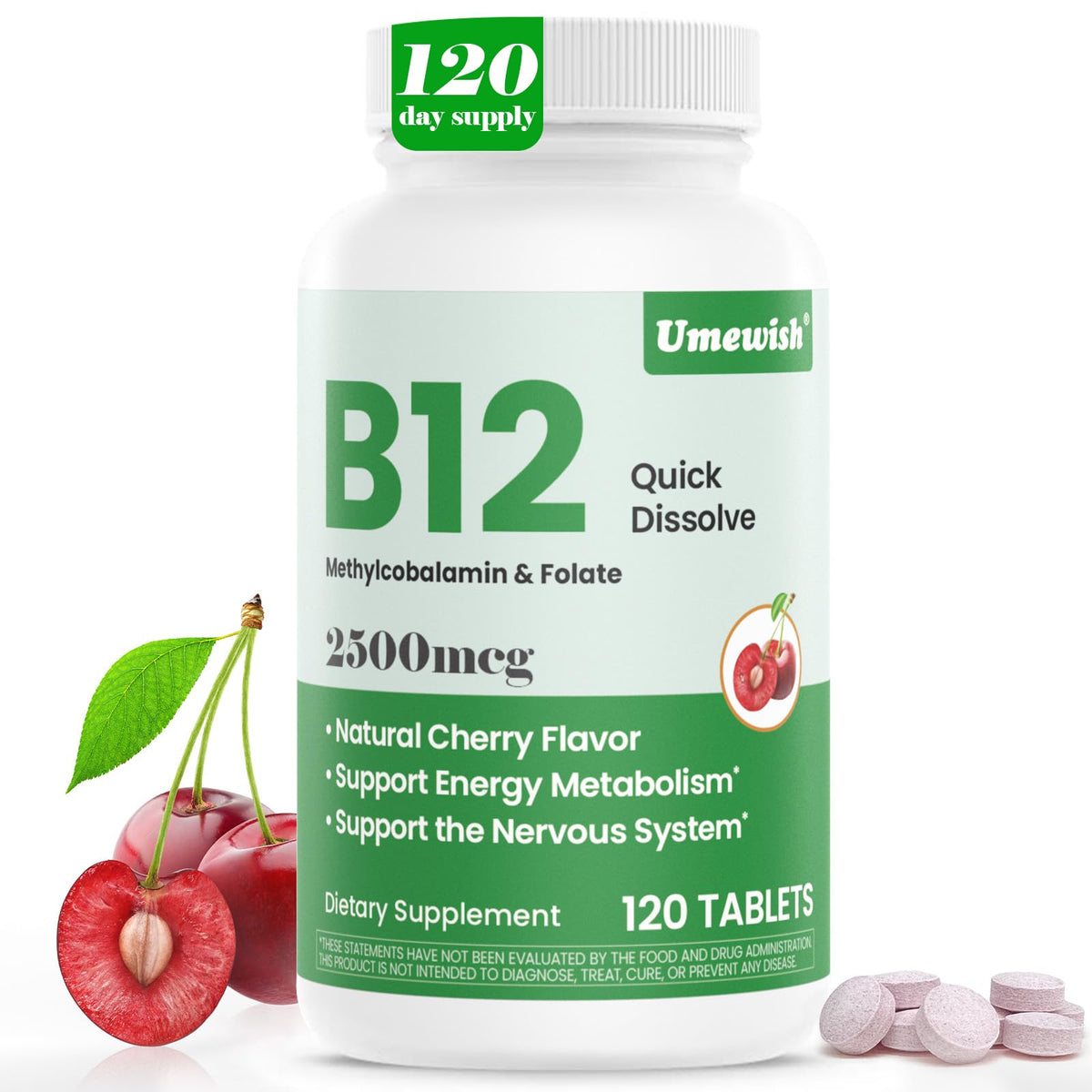 UMEWISH B12 sublingual cherry bottle closeup showing compact energy support
