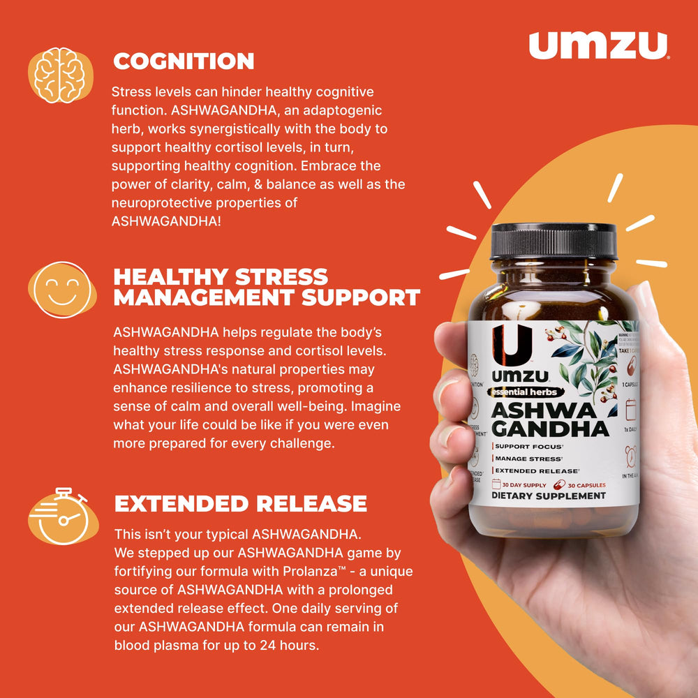 UMZU Ashwagandha bottle label detail highlighting Prolanza release.