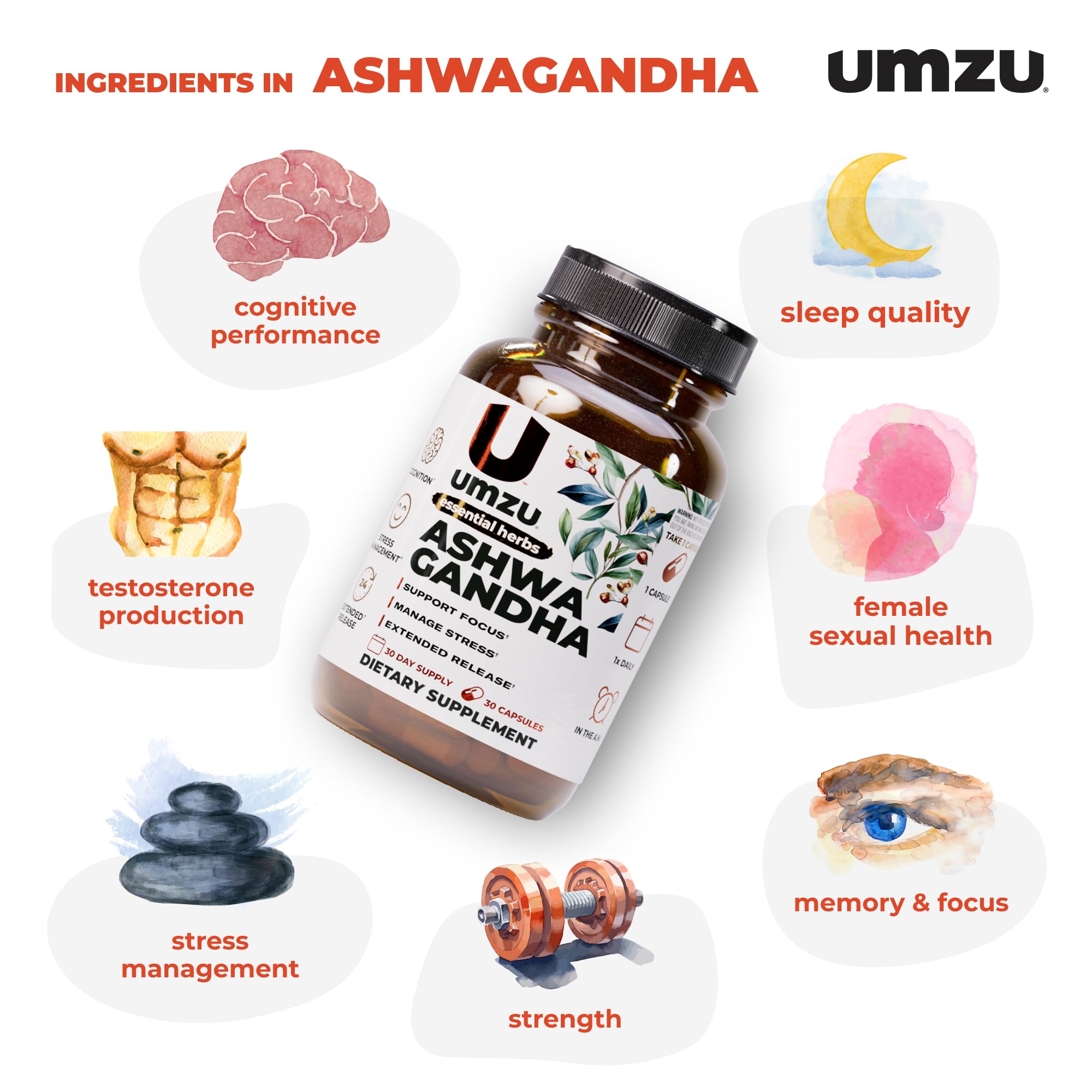 UMZU Ashwagandha capsules close-up for easy daily use.