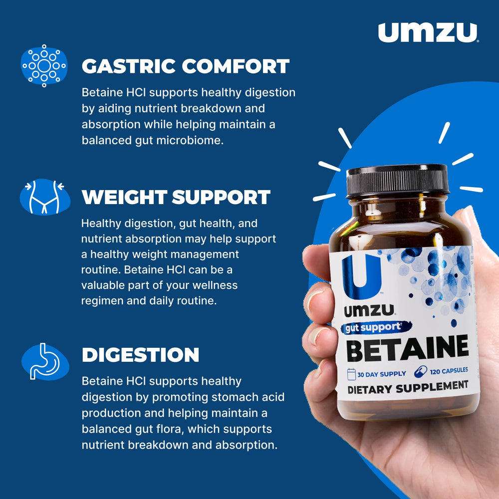 UMZU Betaine HCl label close-up noting gluten-free and non-GMO features.