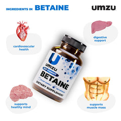 UMZU Betaine HCl capsules shown for use before protein-heavy meals.