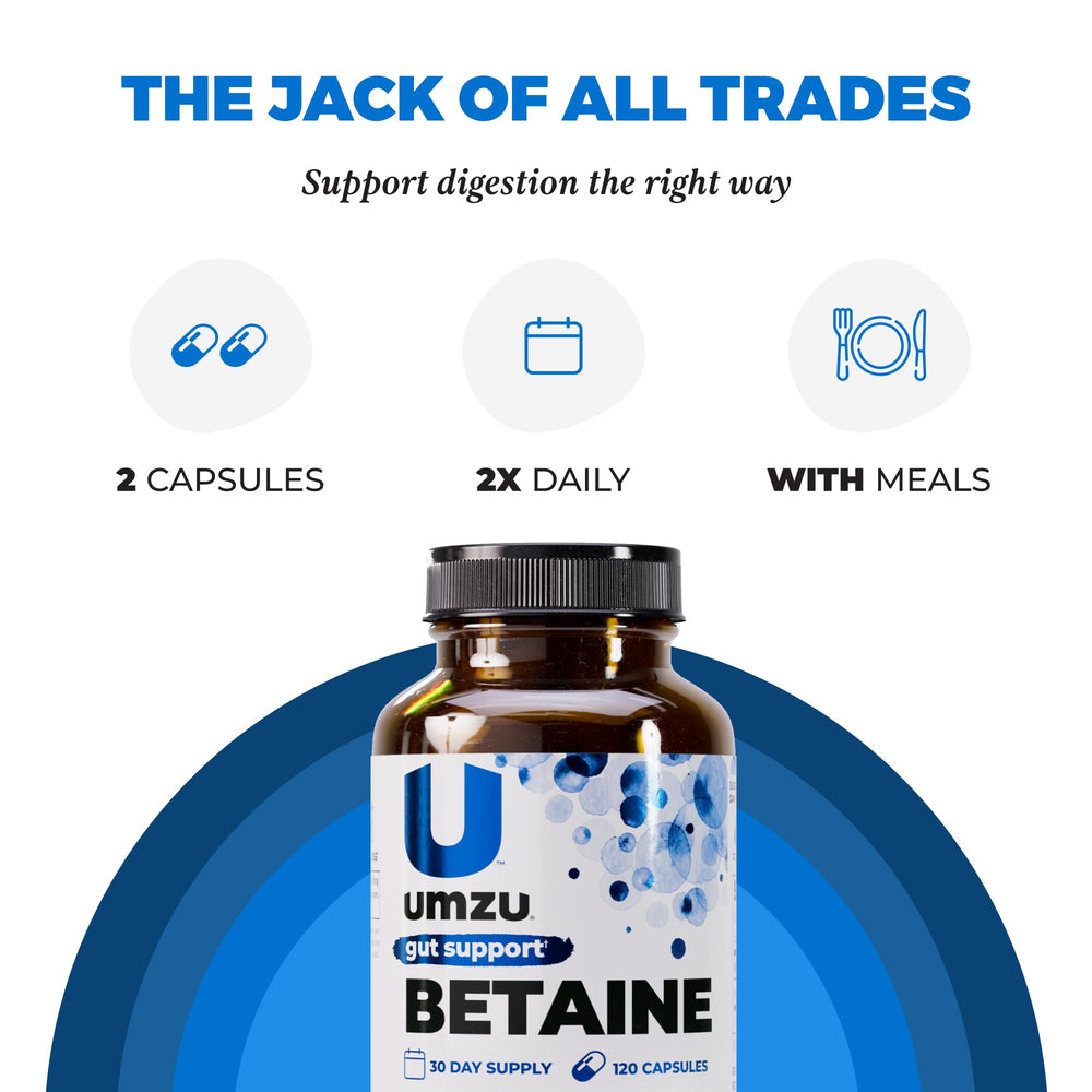 UMZU Betaine HCl ingredient panel highlights a clean, straightforward formula.