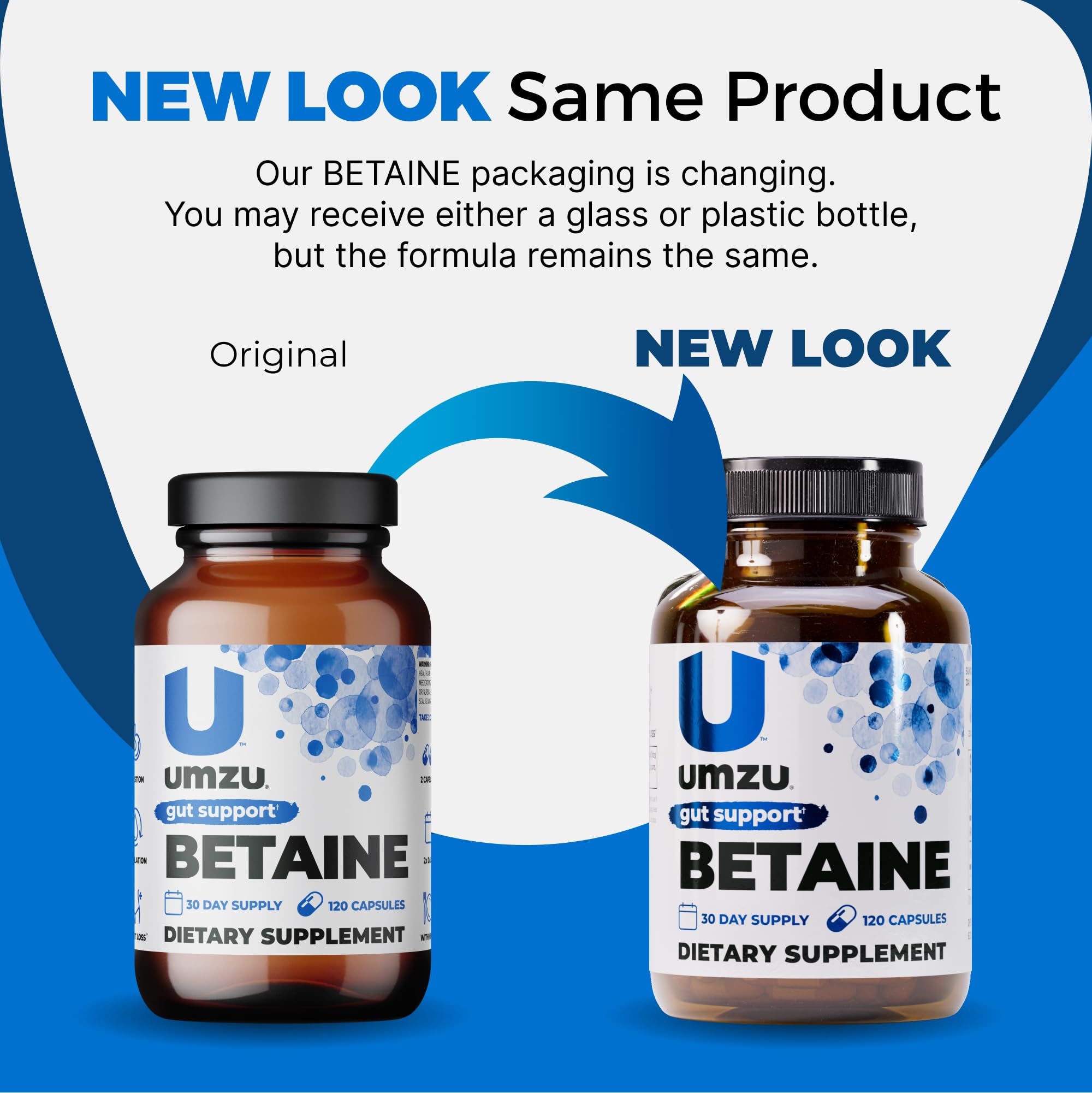 UMZU Betaine HCl bottle pictured in a US-assembled facility context.