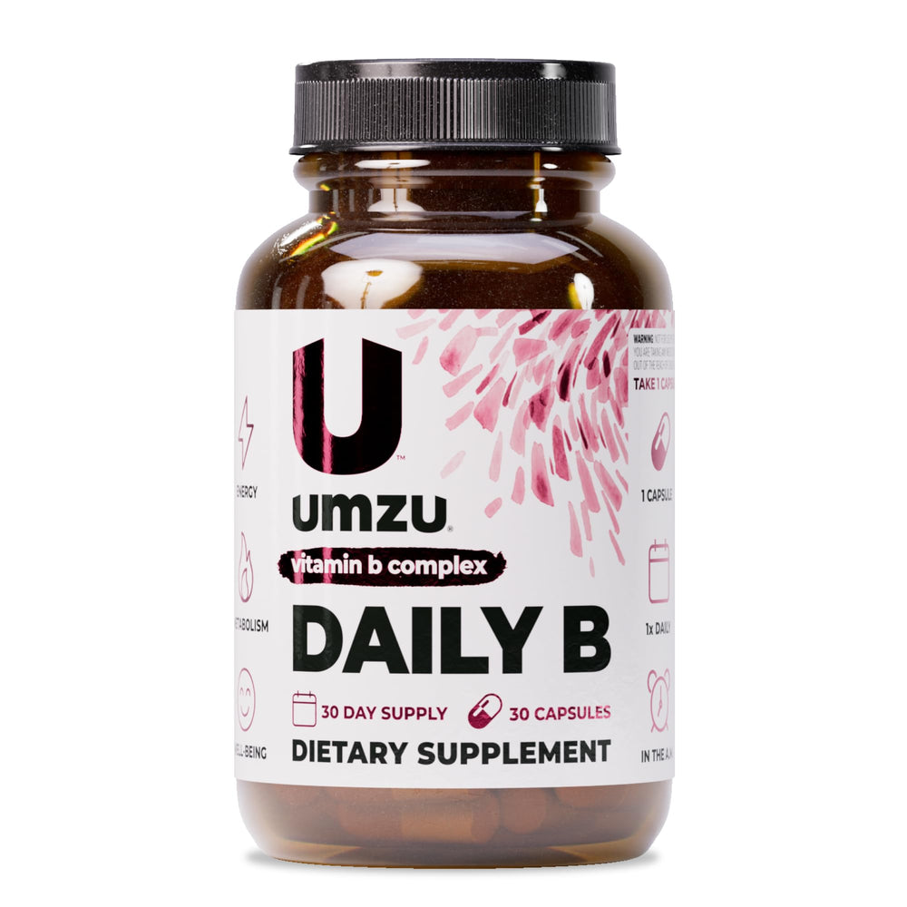 UMZU Daily B bottle front label shows the complete B vitamin complex for daily energy