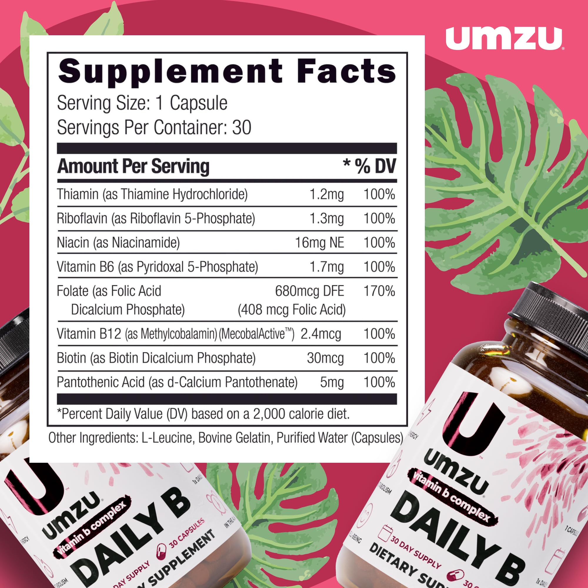 UMZU Daily B bottle with nutrition facts panel