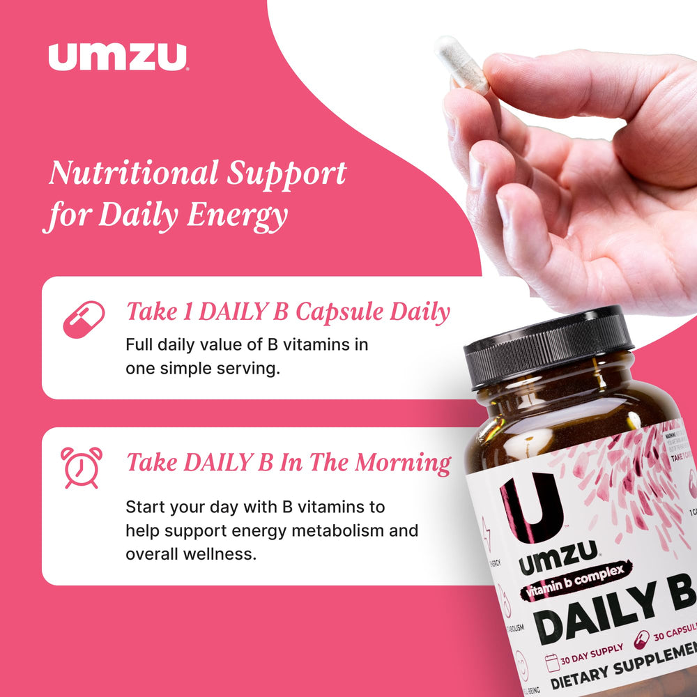 UMZU Daily B bottle beside notebook for productivity routine