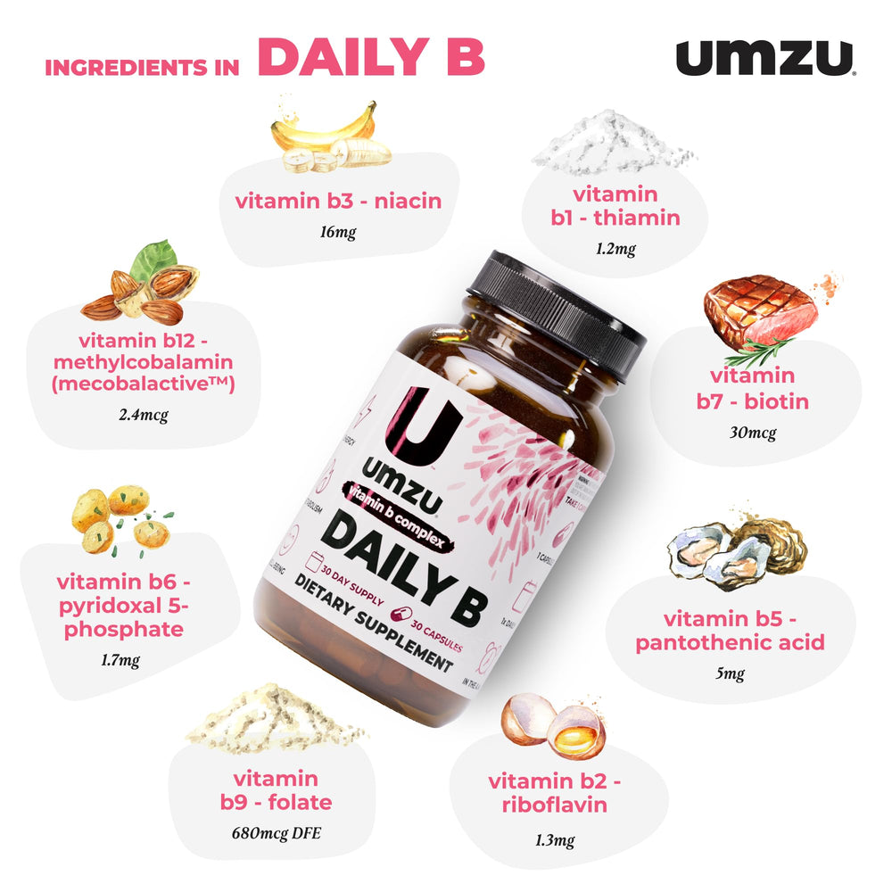 UMZU Daily B pills on white background for daily energy support