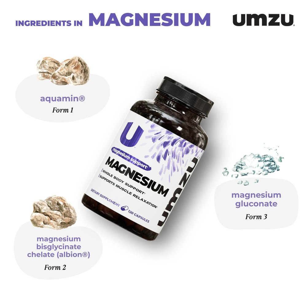 Close-up of UMZU Daily Magnesium capsules ready for daily use.