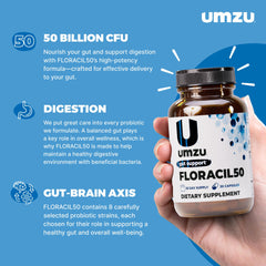 UMZU Floracil50 bottle back label shows ingredients and digestion support usage