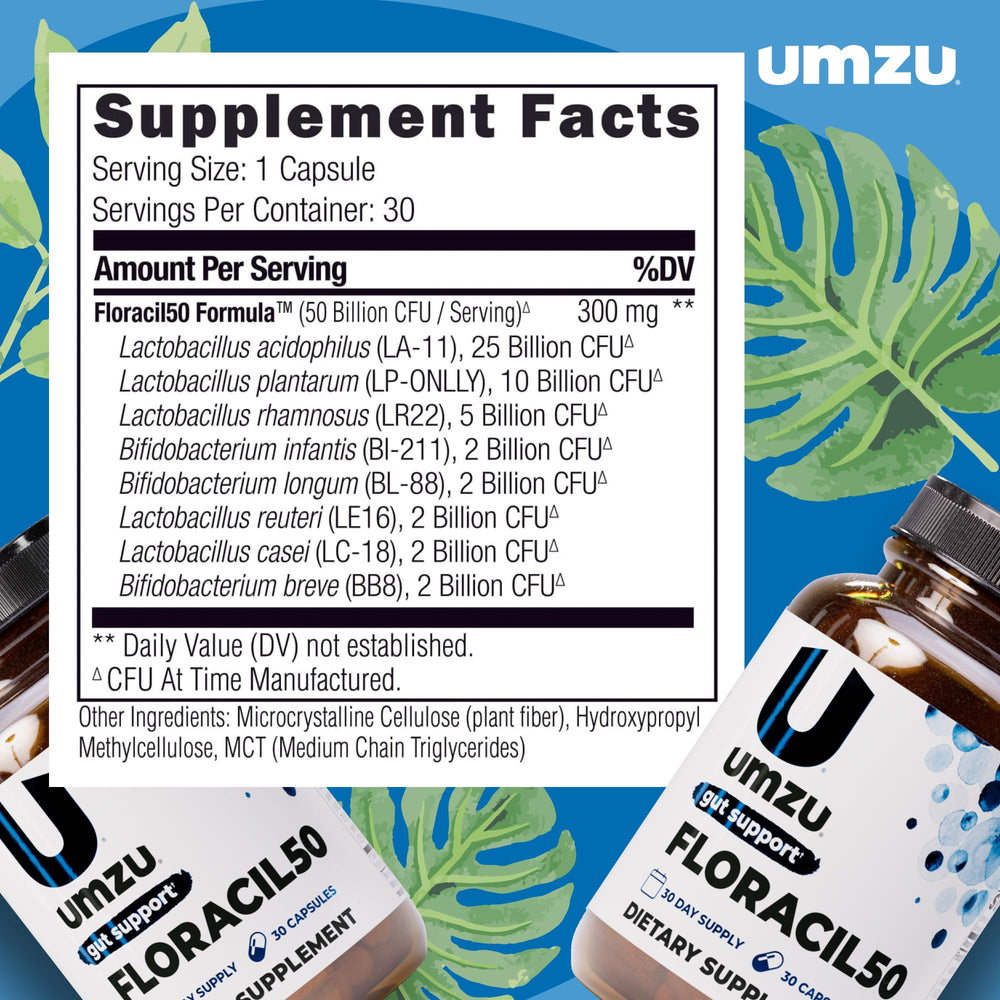 UMZU Floracil50 capsules closeup illustrating easy-to-swallow probiotic capsules
