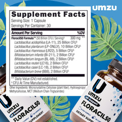 UMZU Floracil50 capsules closeup illustrating easy-to-swallow probiotic capsules