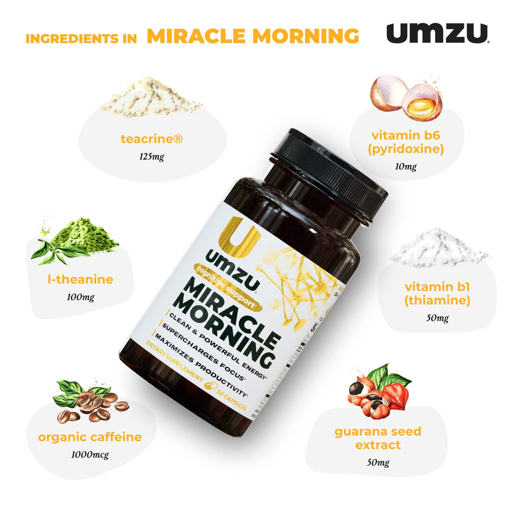 UMZU Miracle Morning ingredients close-up with plant-based formula for alertness