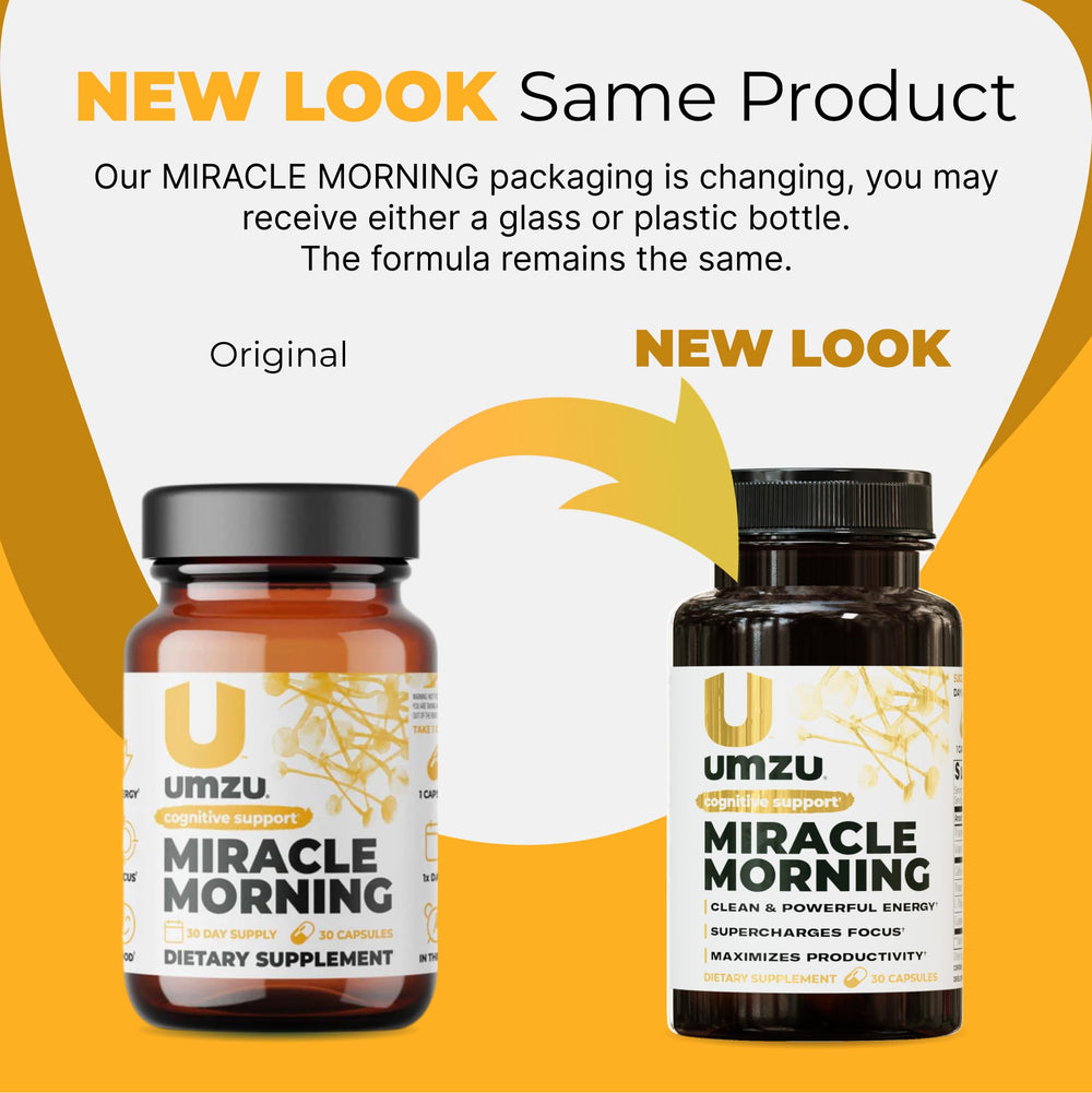 UMZU Miracle Morning bottle with glass to suggest mood and mental clarity benefits
