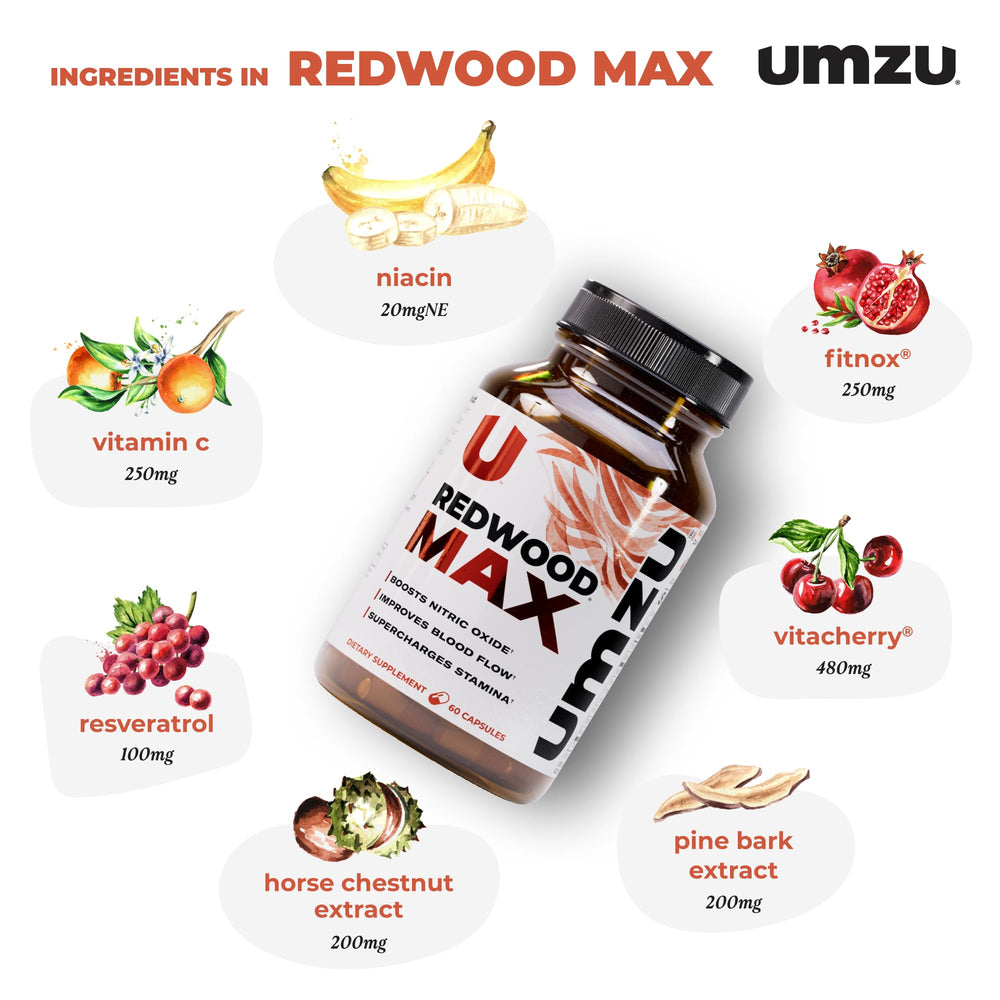 UMZU Redwood Max label closeup showcasing Fitnox blend for potential energy and focus.