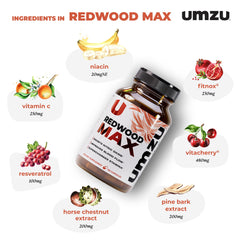 UMZU Redwood Max label closeup showcasing Fitnox blend for potential energy and focus.