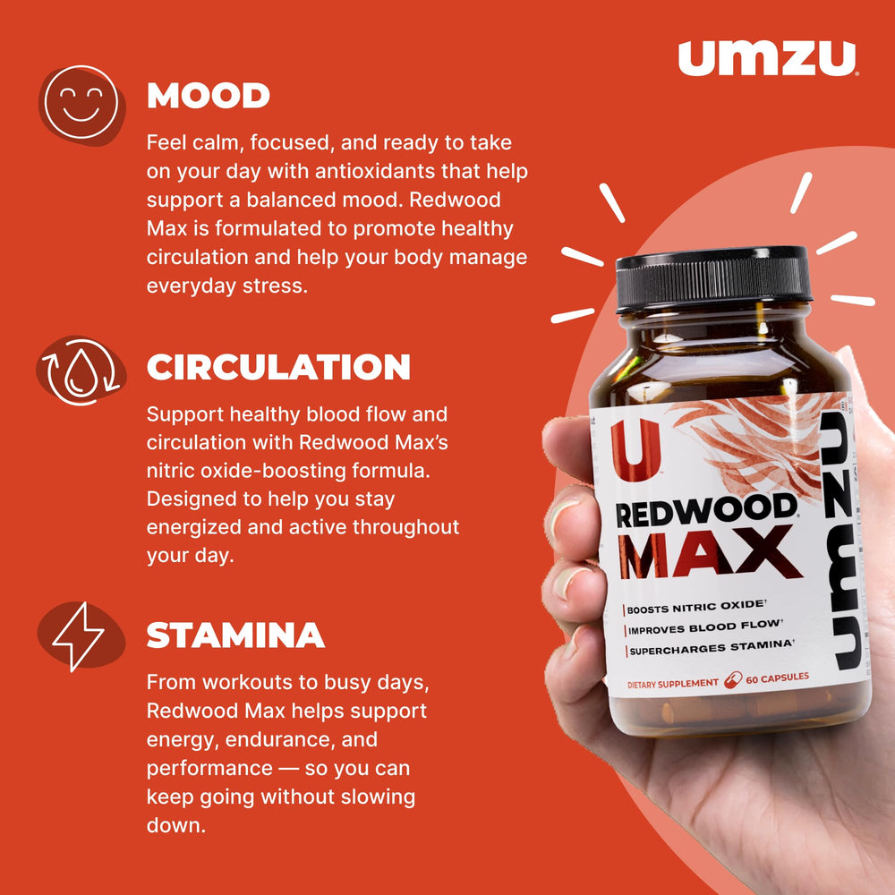 UMZU Redwood Max bottle back describing ingredients for healthy circulation and consistent daily energy.