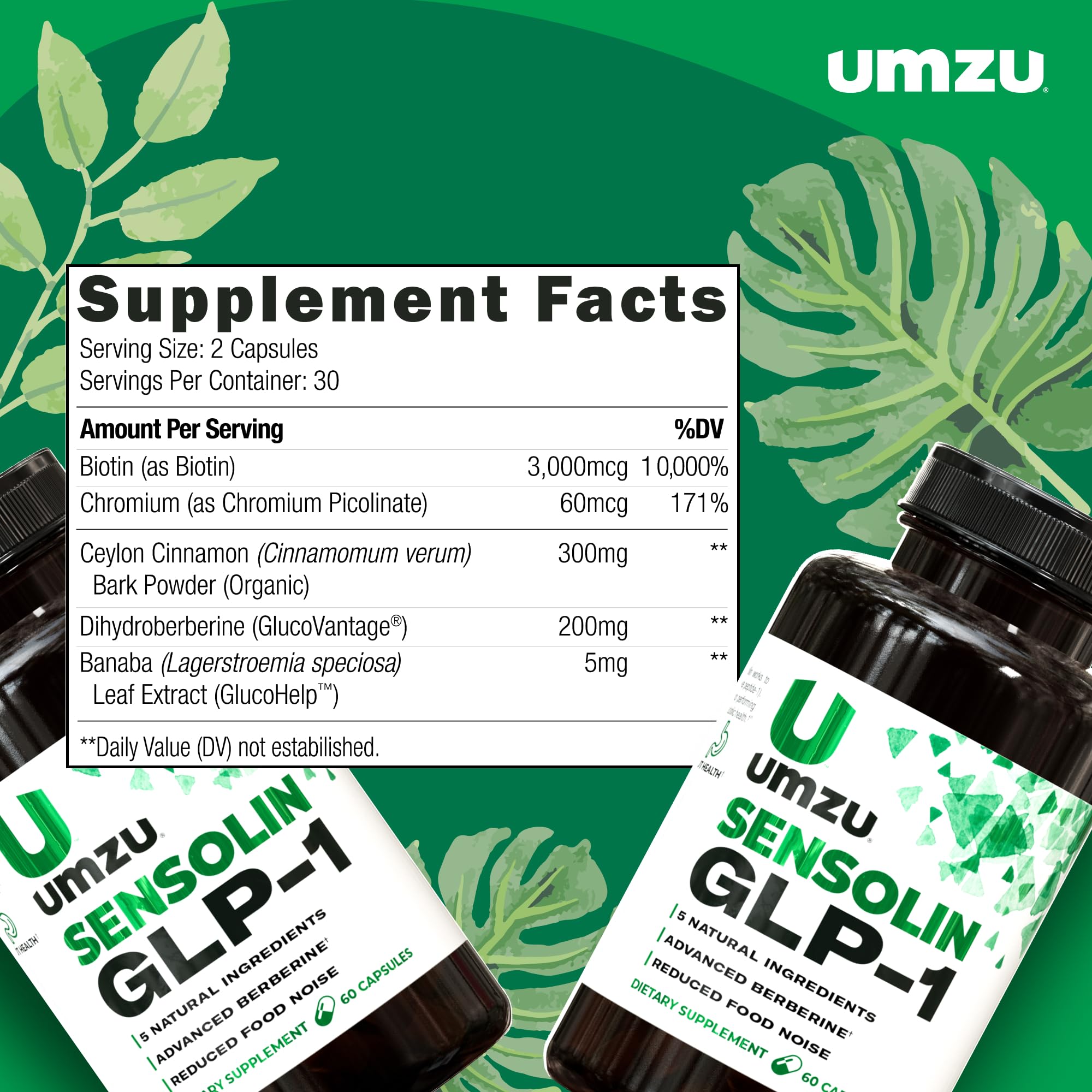UMZU Sensolin Banaba leaf imagery suggesting natural plant-based support from the blend.