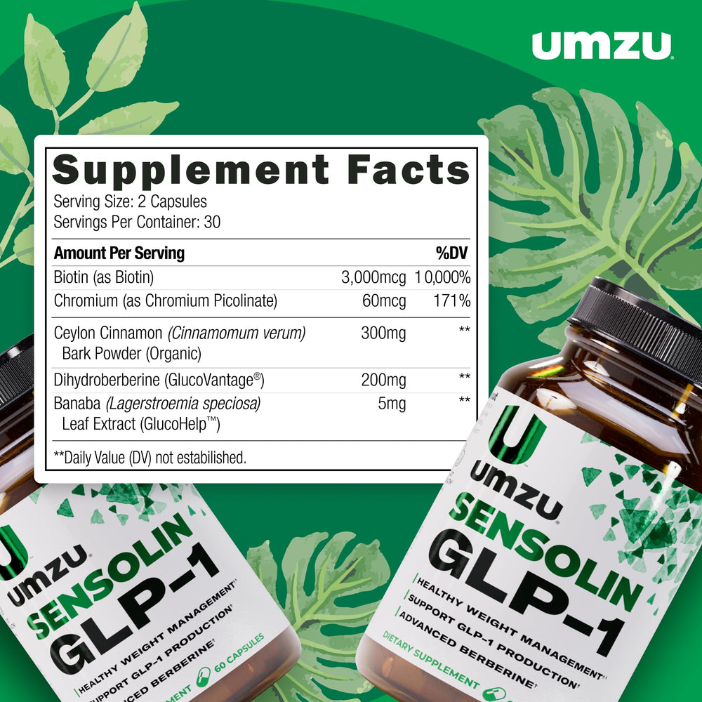 UMZU Sensolin label detail highlighting Dihydroberberine and cinnamon ingredients for GLP-1 support.