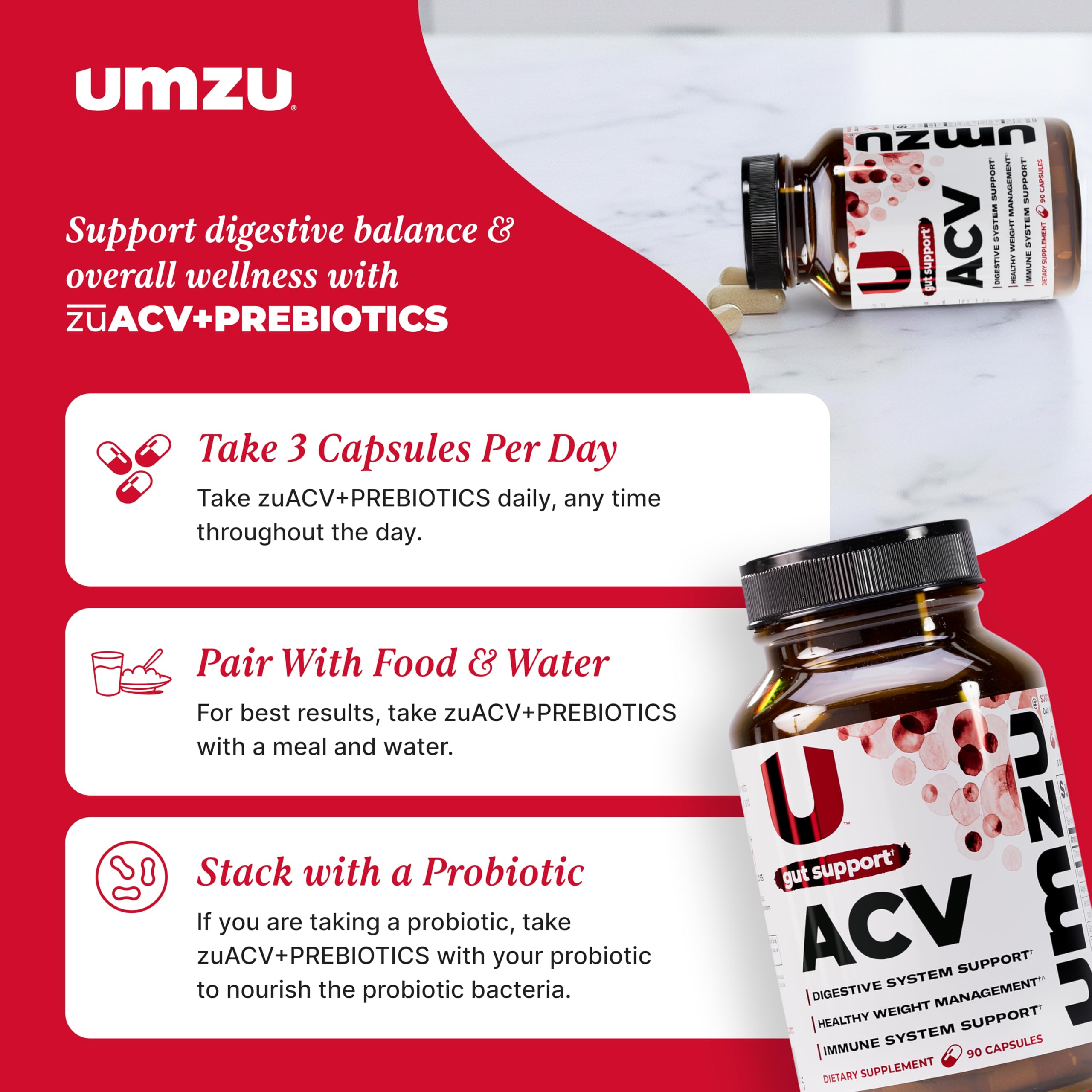 UMZU zuACV bottle pouring capsules into hand for easy daily use