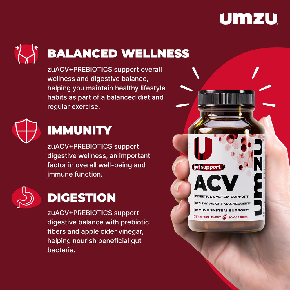 UMZU zuACV capsule close-up highlights easy-to-swallow supplement without vinegar flavor