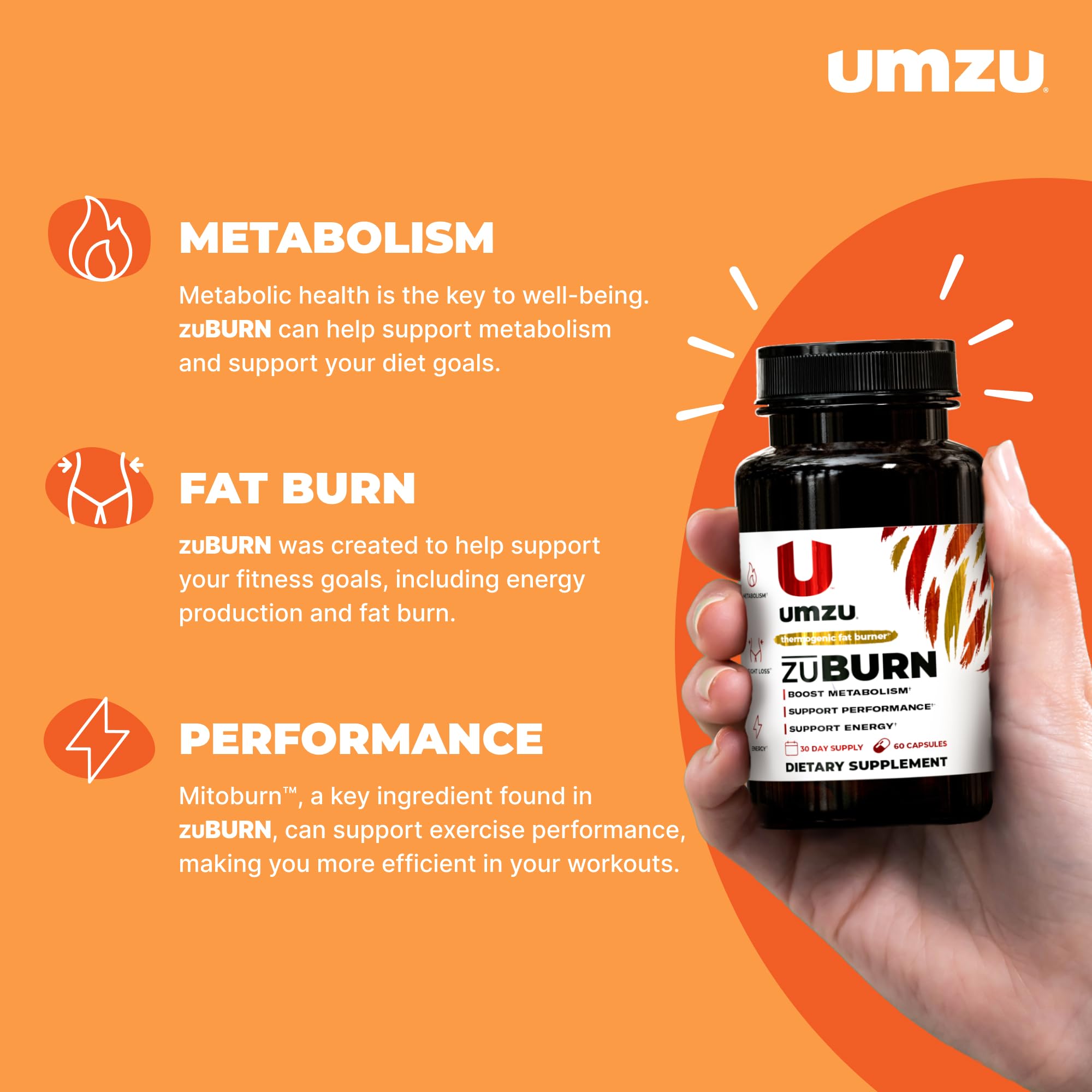 UMZU ZuBurn Energy bottle label emphasizes caffeine and B vitamins for focus