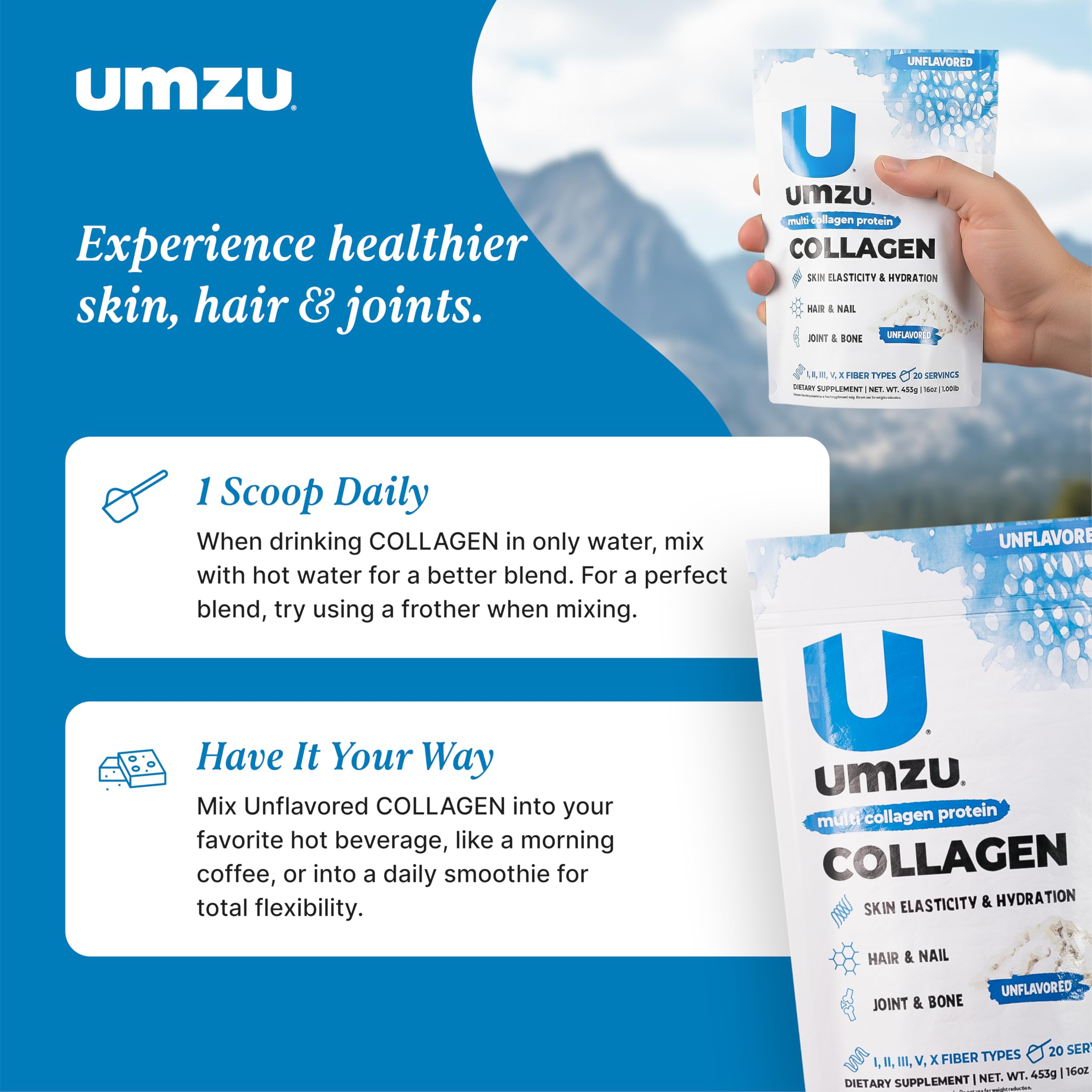 UMZU zuCollagen chocolate powder tub ready for shakes and recipes