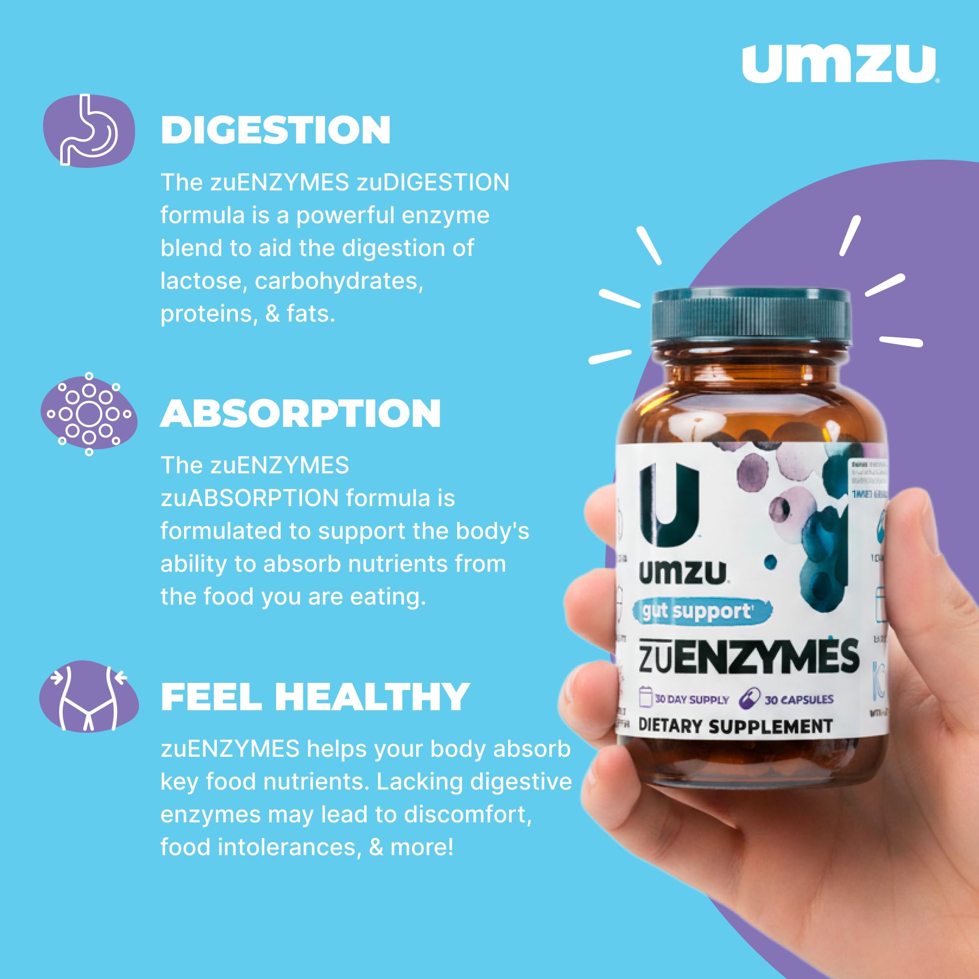 UMZU zuEnzymes bottle back showing ingredients and daily usage directions.
