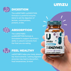 UMZU zuEnzymes bottle back showing ingredients and daily usage directions.