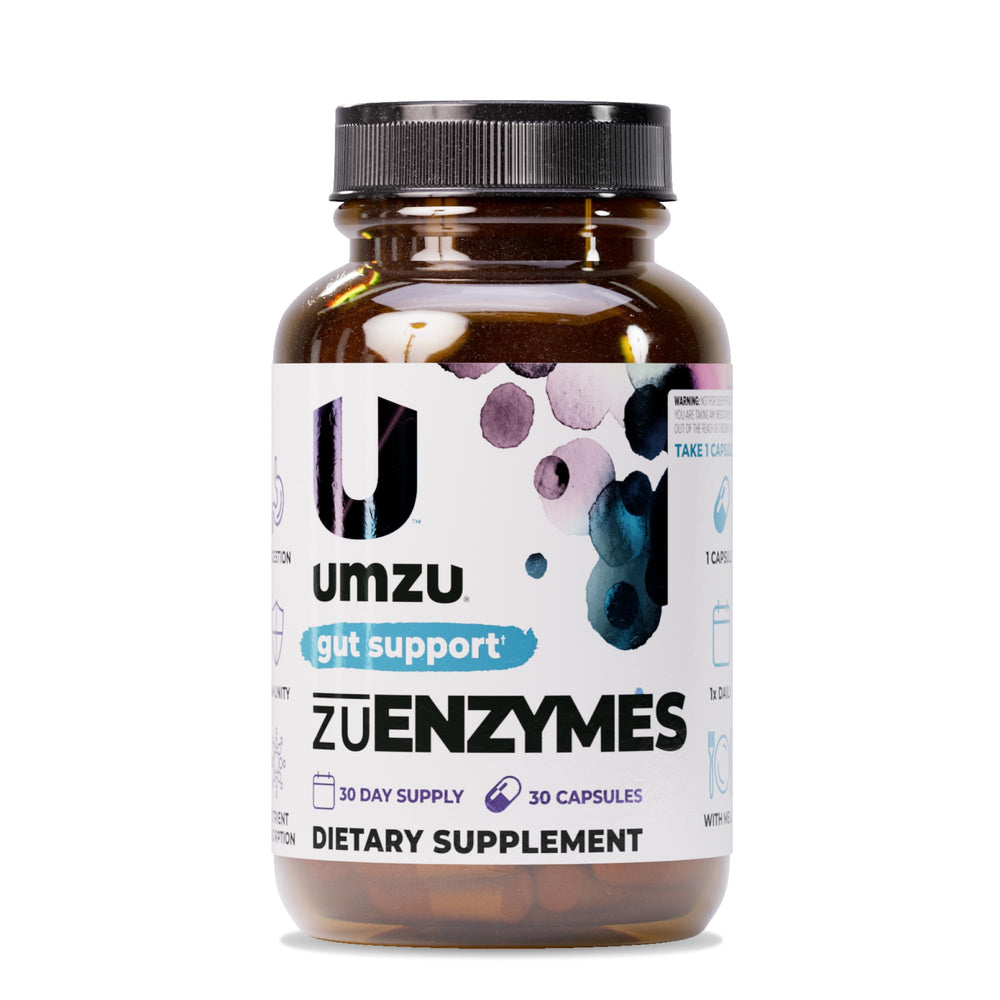 UMZU zuEnzymes bottle front with label and dosage for digestion support.