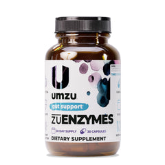 UMZU zuEnzymes bottle front with label and dosage for digestion support.