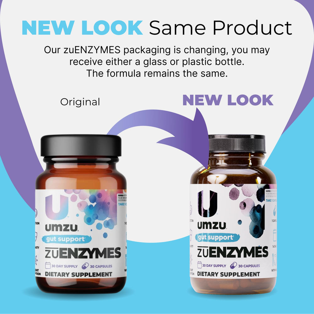 UMZU zuEnzymes bottle with water glass showing one-capsule-per-meal use.