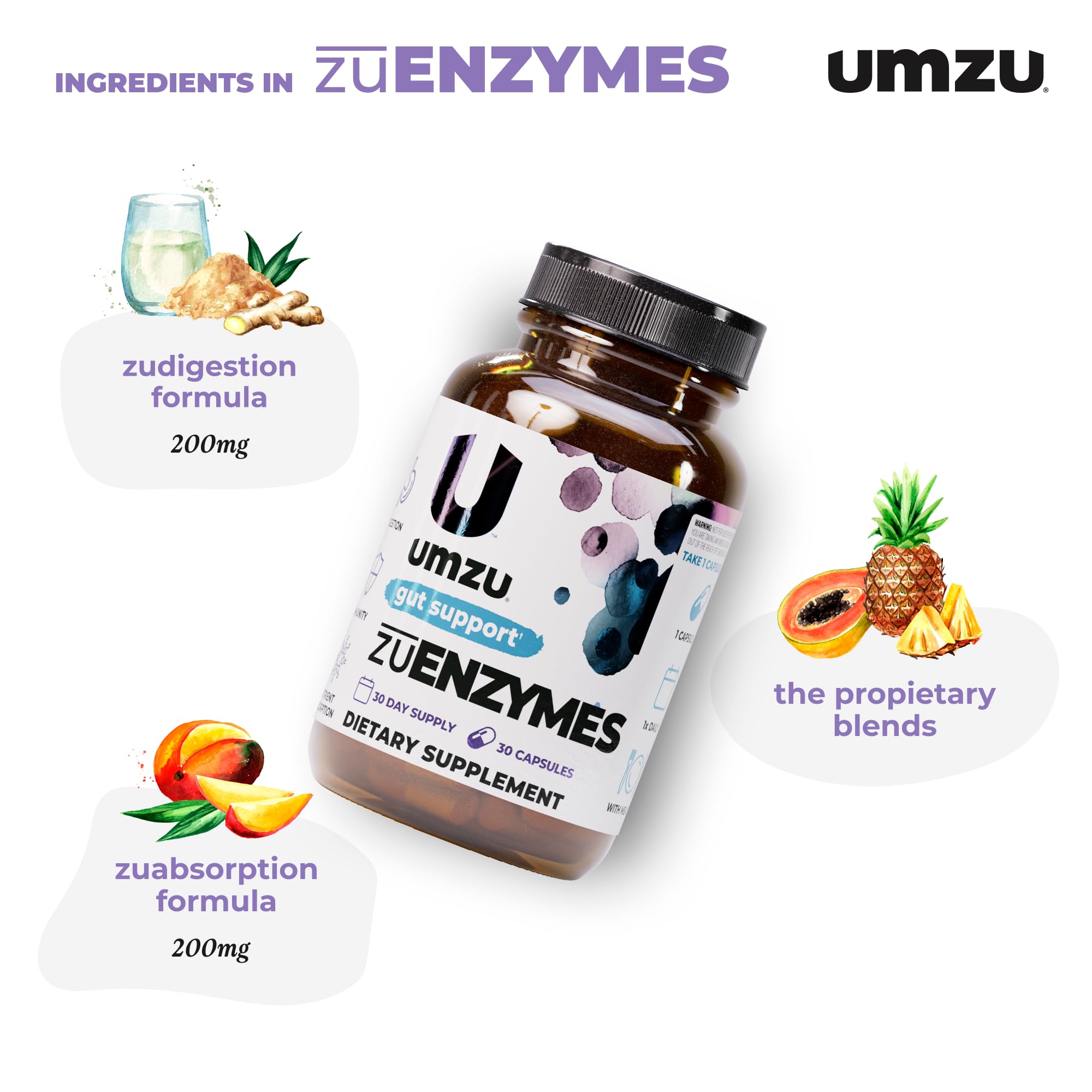 UMZU zuEnzymes capsules close-up highlighting the 21-enzyme blend.