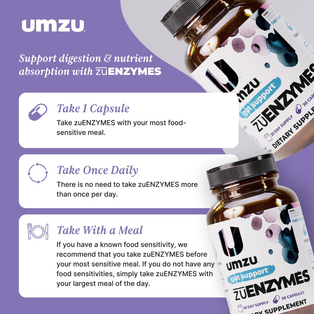 UMZU zuEnzymes packaging on shelf suggests convenient daily digestive support.