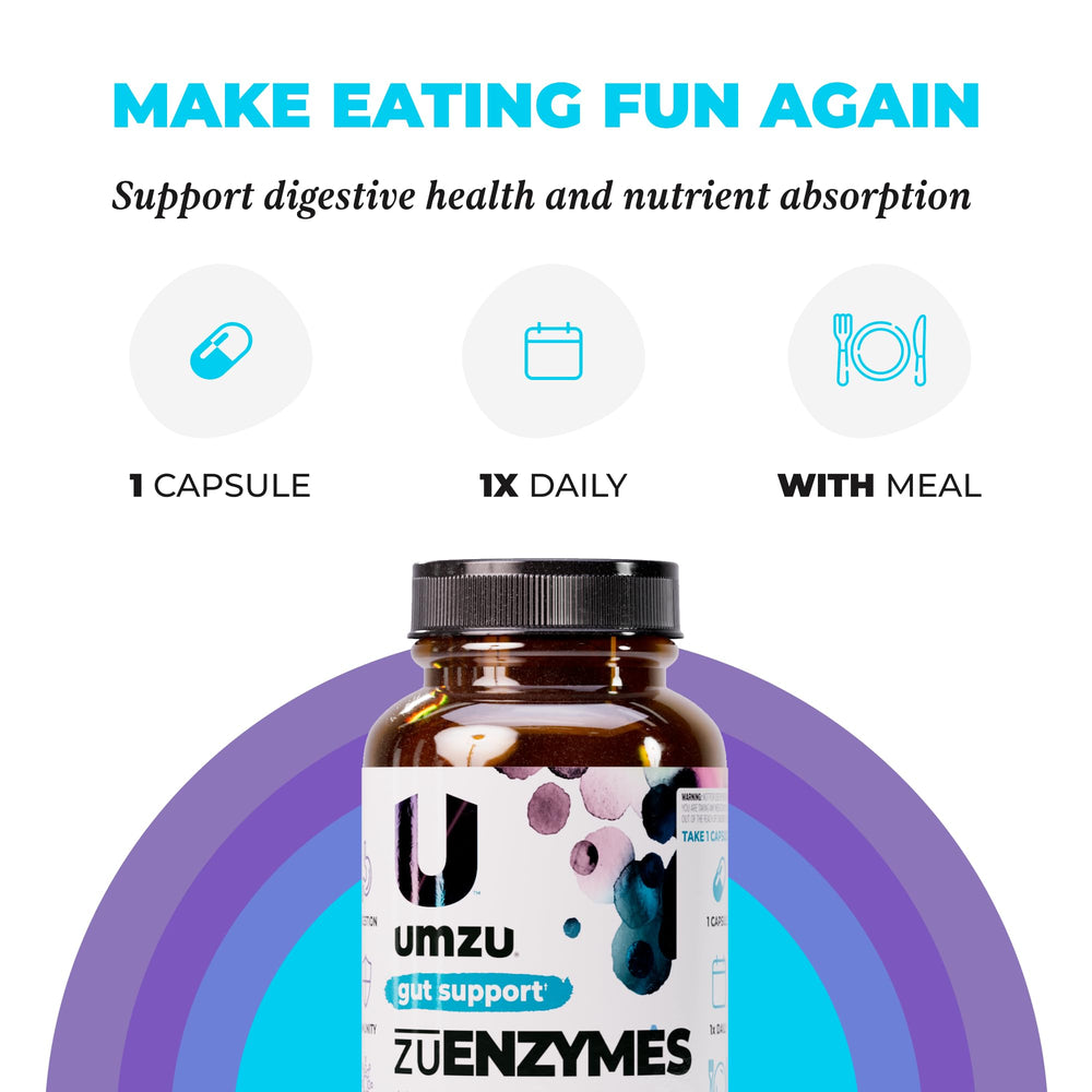 UMZU zuEnzymes infographic showing lipase, protease, amylase roles.