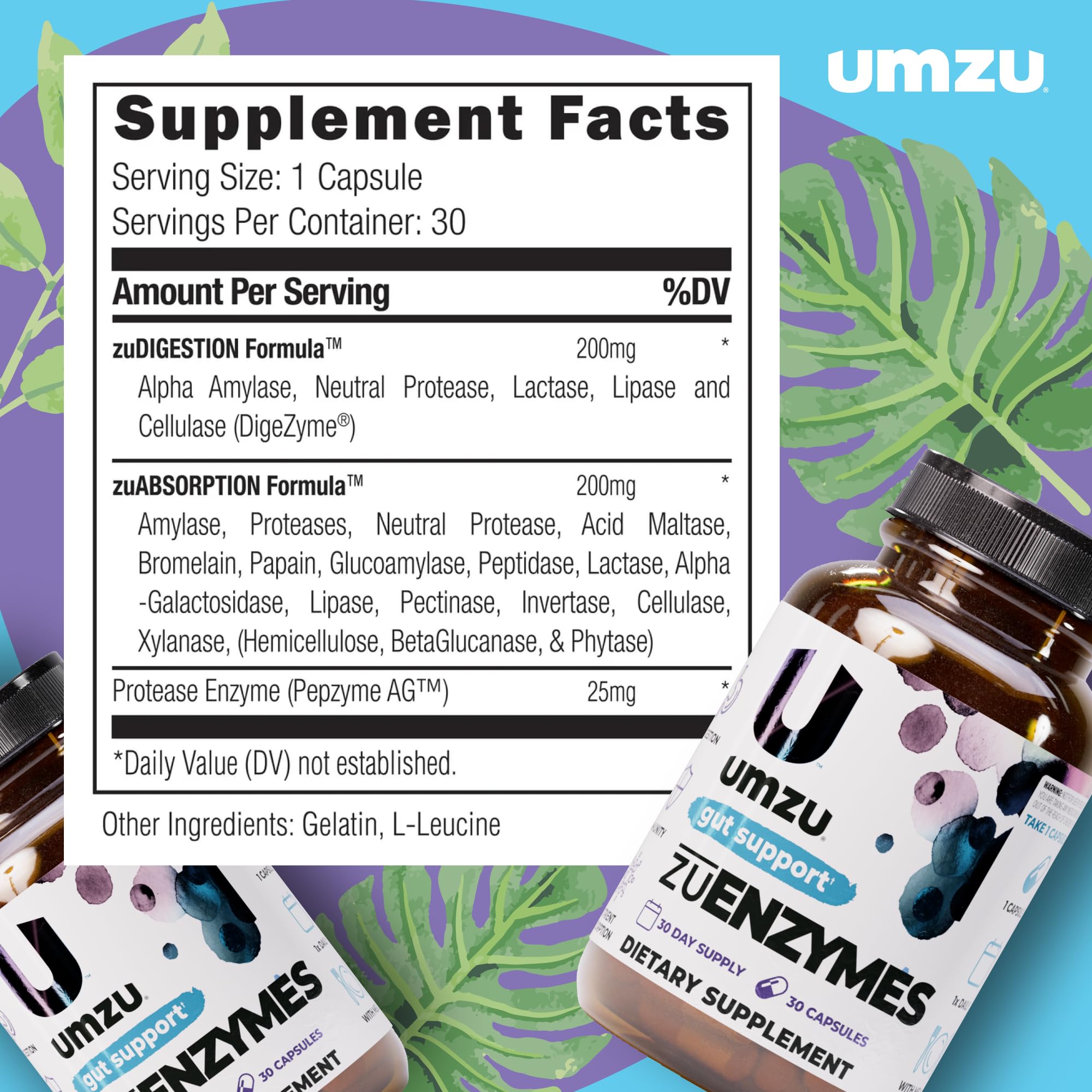 UMZU zuEnzymes label emphasizing quality and gut comfort.