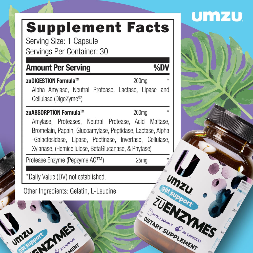 UMZU zuEnzymes label emphasizing quality and gut comfort.
