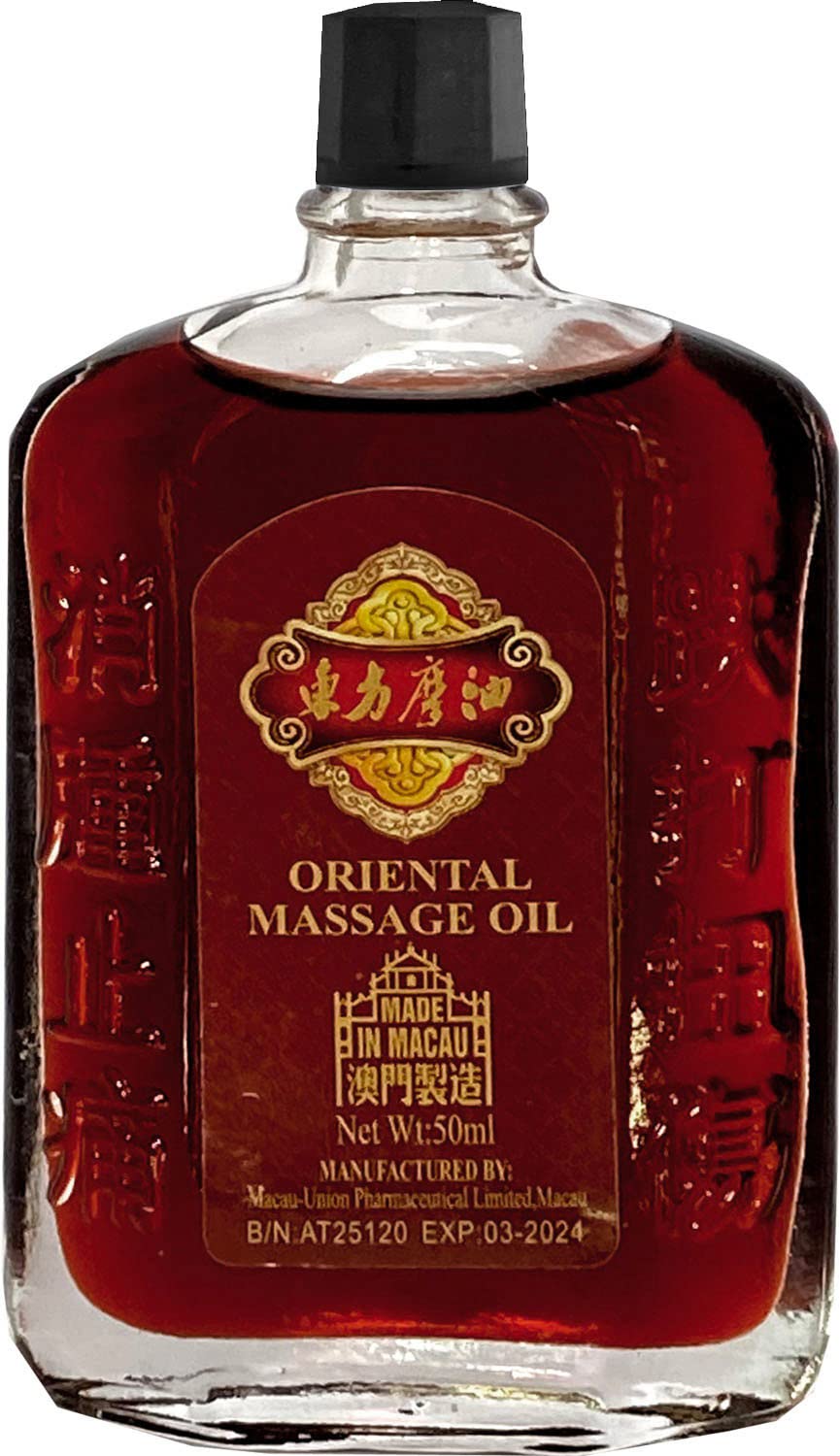 UN HEI TONG Oriental Massage Oil in use on skin to ease muscle tension.