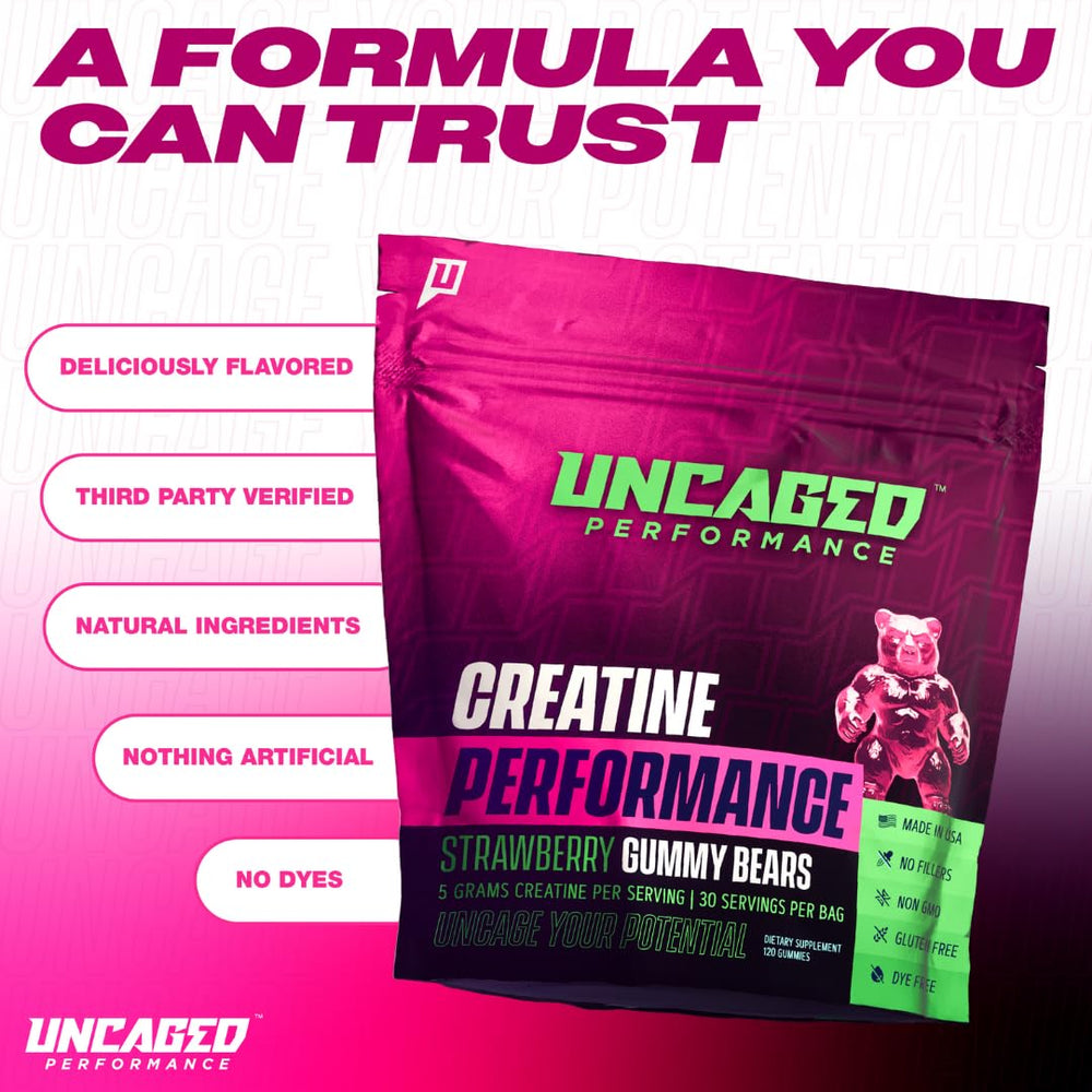 Uncaged Performance Creatine Gummies label confirms ingredients and third-party testing.