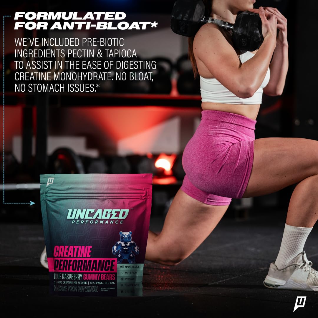 Uncaged Performance Creatine Gummies bottle on workout bench ready for training