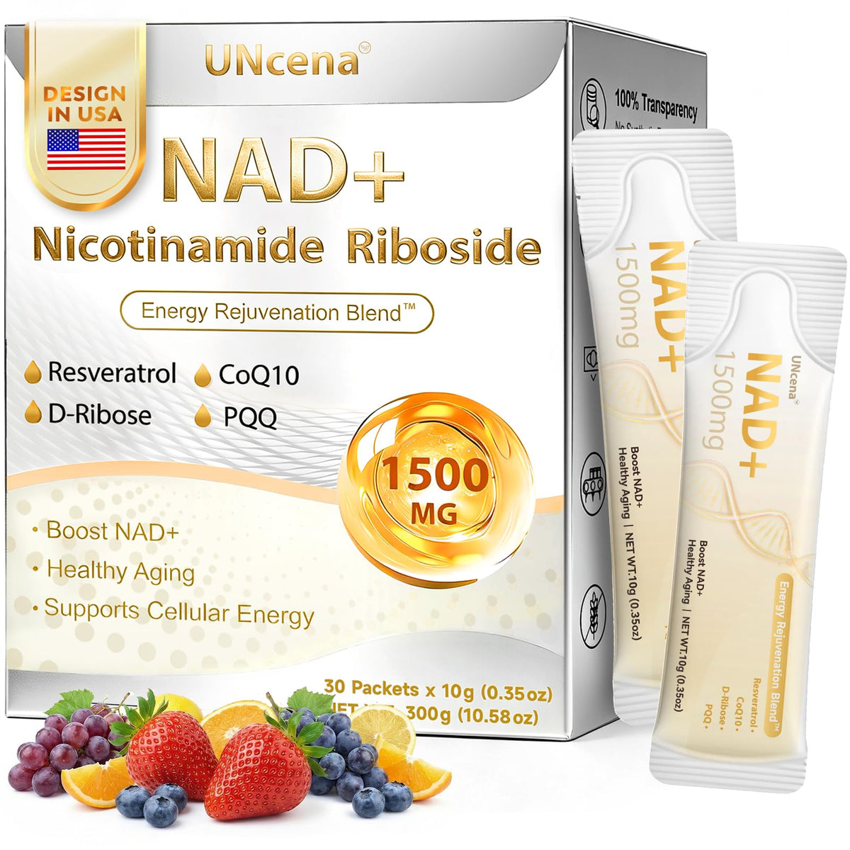 UNcena NAD+ liquid bottle front, indicating convenient daily energy support.