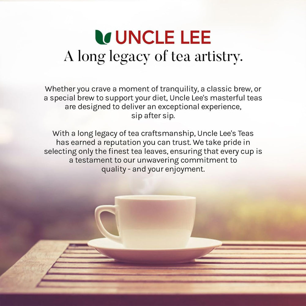 Uncle Lee's Tea logo emphasizes decades of quality and herbal expertise.