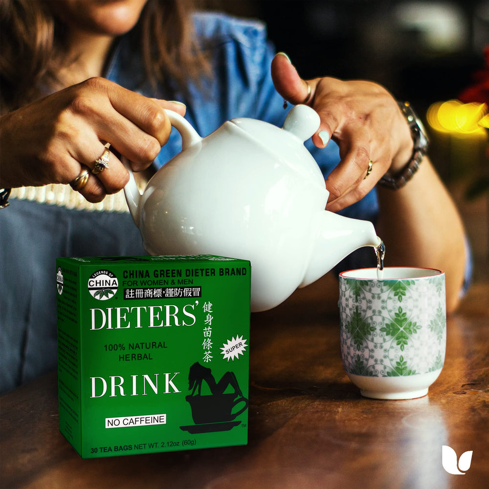 Front label highlights caffeine-free option for Uncle Lee's Tea China Green Dieters Tea.