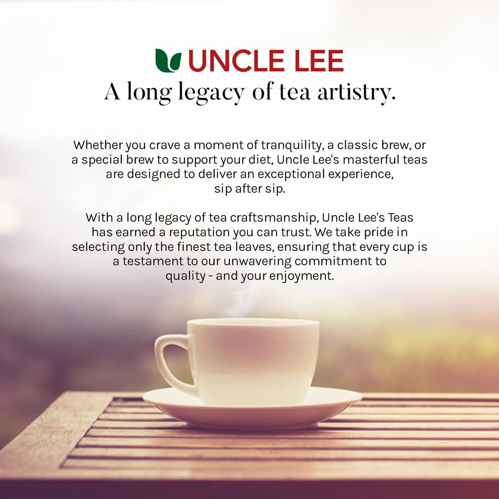 Uncle Lee's Detox Tea dry tea bag close-up, perfect for a calm daily ritual.
