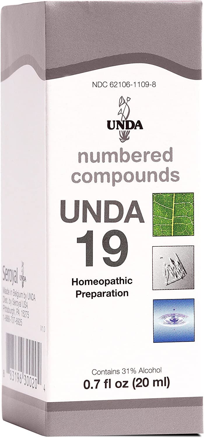 UNDA 19 Numbered Compounds bottle label showing biodynamic herbs for holistic wellness.