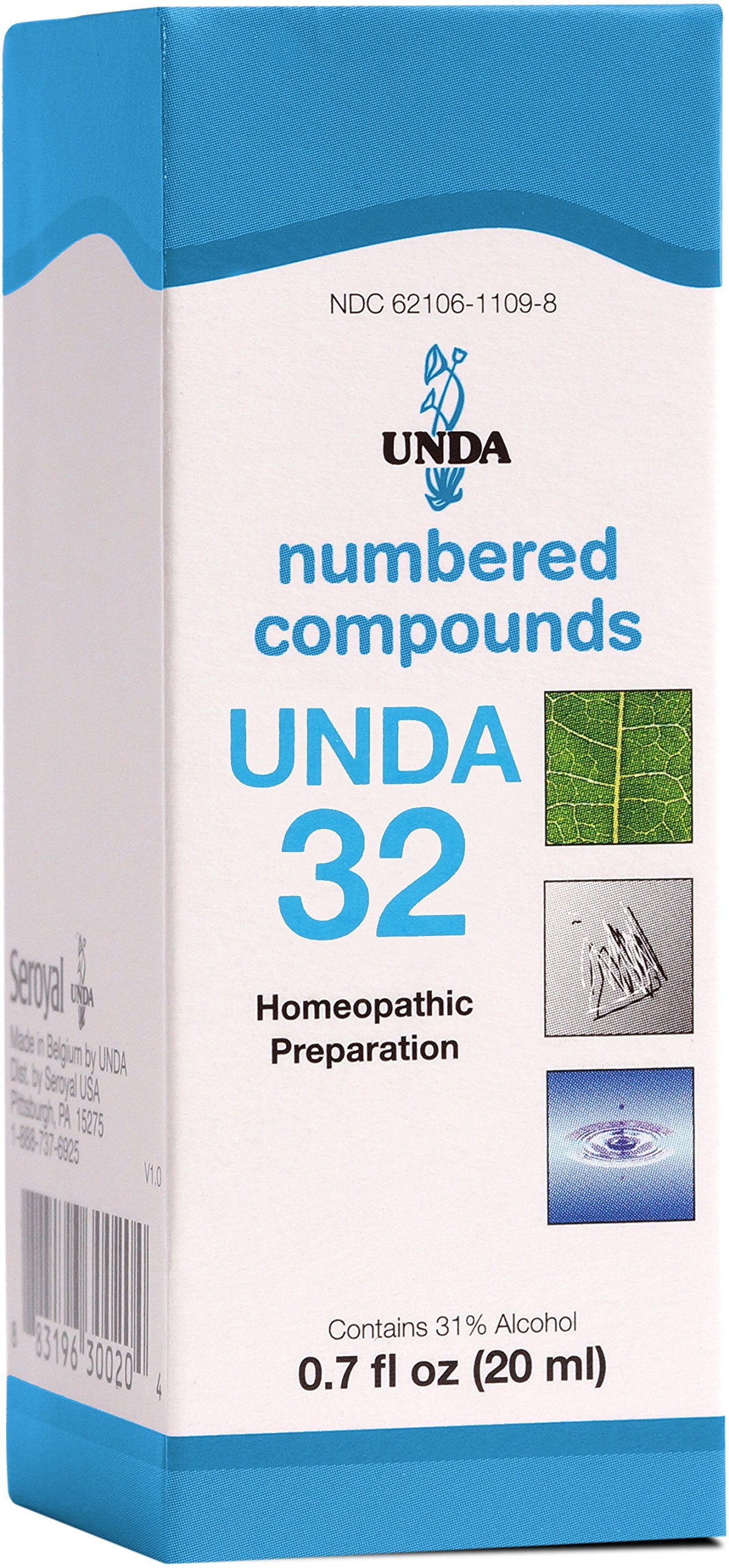 UNDA 32 Numbered Compounds bottle label shows branding and usage guidance for safe at-home use